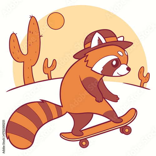 An adorable Red Panda with a Grumpy vibe, riding a skateboard, and a Sundown Glow Desert sunset theme – SVG style