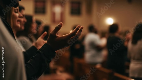 Diverse man and woman praising in christian prayer. Religious congregation raising hands worshiping in church with cross banner.