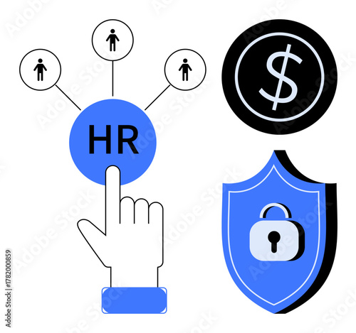 Hand pointing to HR icon connecting employees, alongside security shield and dollar symbol. Ideal for HR, recruitment, teamwork, security, payments, management employee benefits. Simple flat