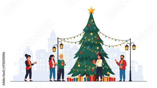 Joyful Gathering: Friends and Family Decorate the Christmas Tree: A festive scene where friends and family gather, adorning a magnificent Christmas tree with lights and ornaments.