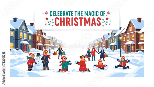 A Christmas Festive Street Scene: Experience the enchantment of the season in this charming street scene, filled with happy people embracing winter and Christmas cheer.