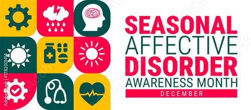 Seasonal Affective Disorder Awareness Month Geometric shape pattern background, banner, card or poster design template is observed every year during December, to raise awareness about the mission.