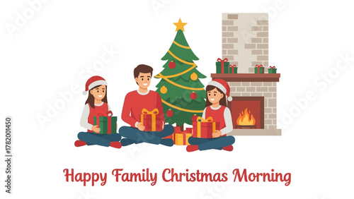 Family Christmas Morning: A joyous family gathers on Christmas morning, exchanging gifts in front of a cozy fireplace and decorated Christmas tree, evoking warmth, togetherness, and festive spirit.