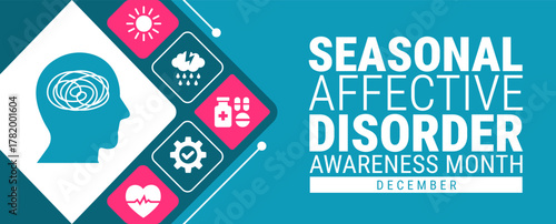 Seasonal Affective Disorder Awareness Month background, banner, card or poster design template is observed every year during December, to raise awareness about the mission. Vector illustration.