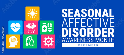 Seasonal Affective Disorder Awareness Month background, banner, card or poster design template is observed every year during December, to raise awareness about the mission. Vector illustration.