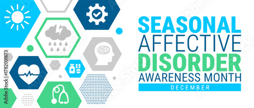 Seasonal Affective Disorder Awareness Month background, banner, card or poster design template is observed every year during December, to raise awareness about the mission. Vector illustration.