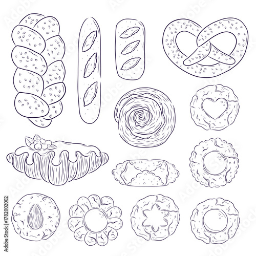 A set of delicious pastries on a white background. Bread, cookies, bun, croissant. Hand drawing, doodle, line drawing. Isolated vector illustration for the design of postcard, textiles, banner, poster