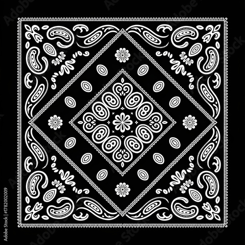 Square black bandana shows a white paisley pattern with flower designs centrally located