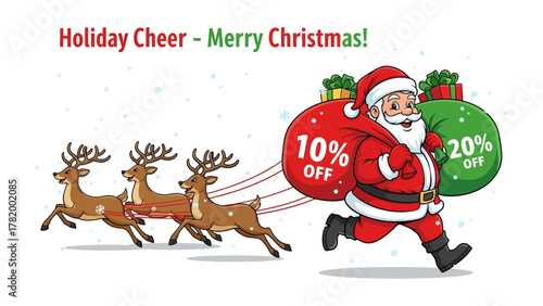 Holiday Cheer Delivery: Santa Claus, brimming with the holiday spirit, races forward with a sack brimming with gifts, propelled by a team of reindeer in a festive, winter scene.