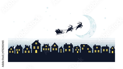 Holiday silhouette: Santa's sleigh soars across the night sky above a cityscape, bringing festive cheer to the town below. A whimsical illustration capturing the spirit of winter holiday season.