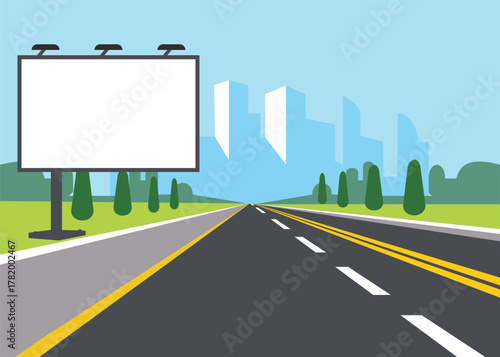 Large white banners on the side of the road. Billboards on the highway. Buildings in the city. Empty streets.