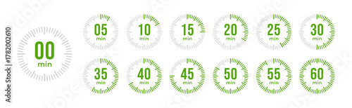 Set of timer and stopwatch icons representing time tracking, countdown, and duration for various activities such as cooking and planning.