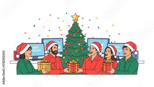 Christmas Gift Exchange in Office: Festive office workers exchange gifts amidst a decorated Christmas tree and computers, spreading holiday cheer and goodwill in a seasonal work setting.