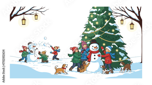 Winter Wonderland of Joy: Children and dogs engage in playful winter activities, building snowmen and engaging in a joyful snowball fight, surrounded by festive decorations.