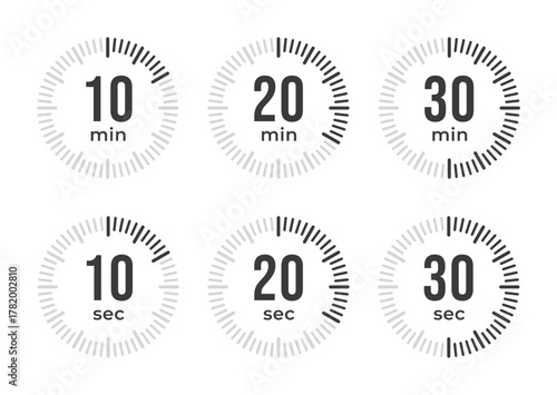 Set of timer and stopwatch icons representing time tracking, countdown, and duration for various activities such as cooking and planning.