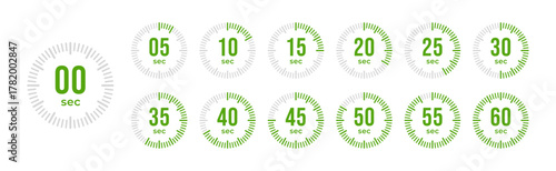 Set of timer and stopwatch icons representing time tracking, countdown, and duration for various activities such as cooking and planning.