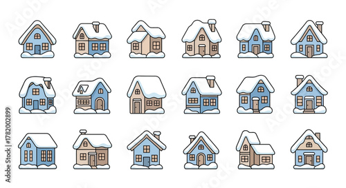 A charming collection of cartoon winter houses and cottages with snow-covered roofs, isolated on a white background.