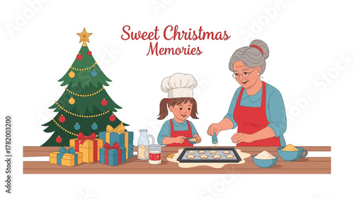 Sweet Christmas Memories: A heartwarming holiday scene unfolds as a grandmother and granddaughter joyfully bake Christmas cookies together, surrounded by festive decorations.