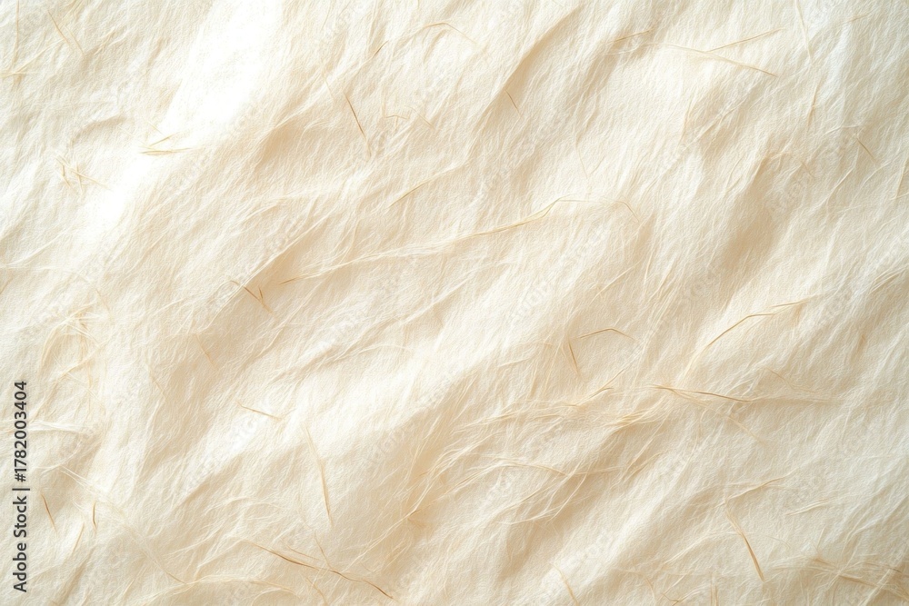 Obraz premium Close-up of cream-colored textured crumpled paper with thin brown fibers scattered throughout, creating a natural and organic look