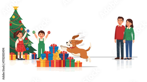 Christmas Family Celebration: A vibrant family scene unfolds as a decorated christmas tree stands beside a pile of presents. A dog jumps for joy.