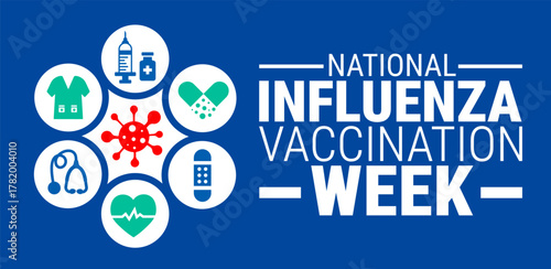National Influenza Vaccination Week background, banner, card or poster design template is observed every year during December, to raise awareness about the mission. Vector illustration.