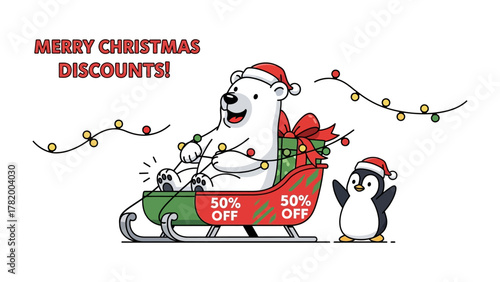 Holiday Cheer: Festive Christmas illustration of a polar bear and penguin spreading holiday cheer, all wrapped up in the spirit of holiday discounts!