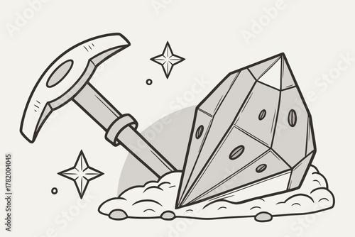 Illustration of a Gemstone being Mined by a Hammer