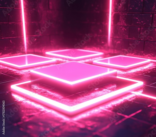 Futuristic glowing neon pink squares arranged in a dark tiled room emitting vibrant light with reflective surfaces creating a modern and digital atmosphere
