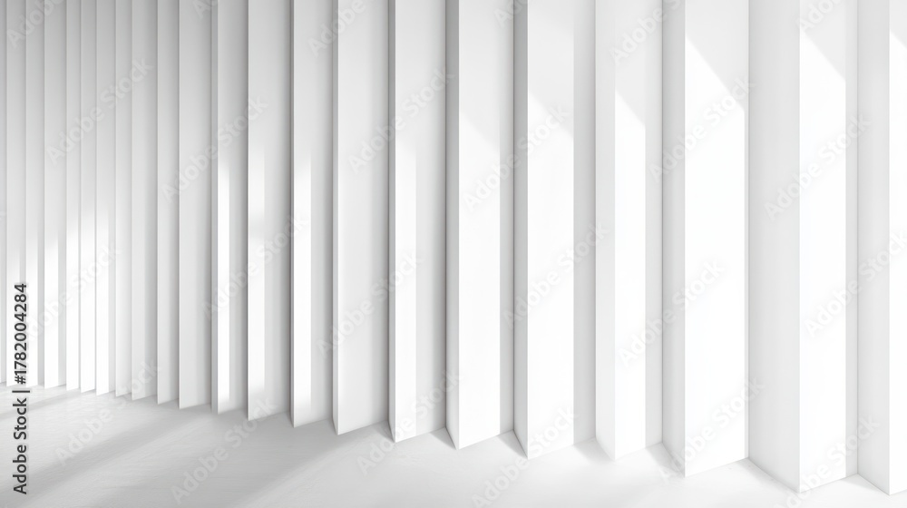 Obraz premium Bright white modern interior space with tall vertical rectangular columns casting soft shadows creating a minimalistic and airy atmosphere