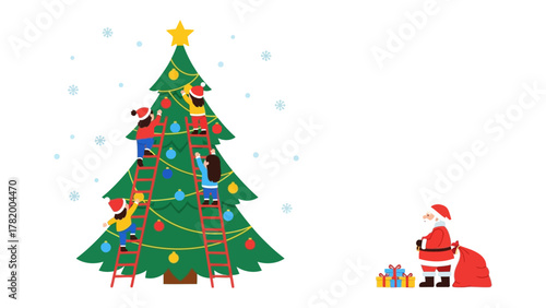 Festive Ornamentation: A scene of joyful preparation unfolds as individuals adorn a towering Christmas tree with colorful ornaments, while a figure looks over a pile of gift.