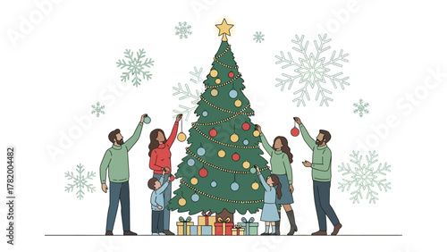 Festive family: A warm family gathering adorns a grand Christmas tree with ornaments, the scene punctuated by falling snowflakes, creating a festive holiday atmosphere