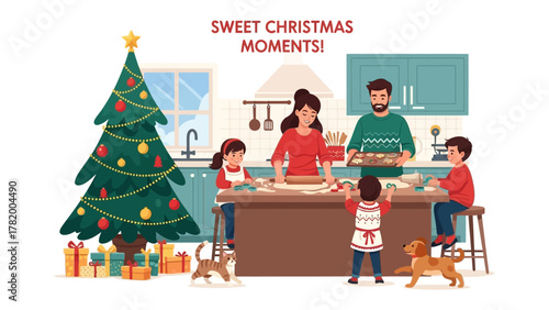 Festive Family Moments: A family shares joyous moments while preparing holiday treats in their cozy kitchen, surrounded by seasonal decor and the warm glow of Christmas spirit.