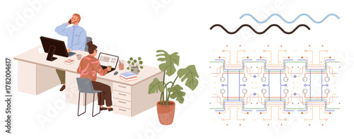 Office workers discussing tasks at a shared desk beside potted plants, charts, and process diagrams. Ideal for teamwork, technology, innovation, planning, data analysis workflow collaboration. A