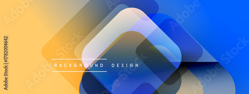 Abstract geometric shapes overlap, creating vibrant gradient background. Yellow, blue hues dominate design, modern aesthetic.