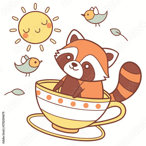 Cute Bashful Red Panda, accessorized with sitting in a teacup ride, in a Morning sunshine world – Sunny Mornings palette vector