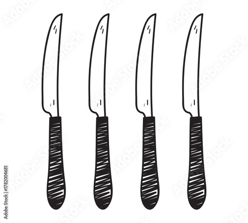 Four knives with black handles in a row illustration in a simple hand drawn doodle style design element