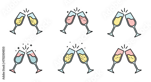 A collection of six cartoon-style illustrations of champagne glasses clinking together, symbolizing celebration and toast.