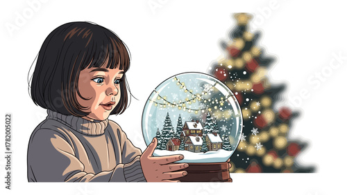 Magical Winter Wonder: A child gazes in wonder at a miniature winter scene encapsulated within a snow globe, filled with snowy landscapes and a festive christmas tree