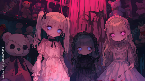 chibi cursed doll group cute spooky porcelain