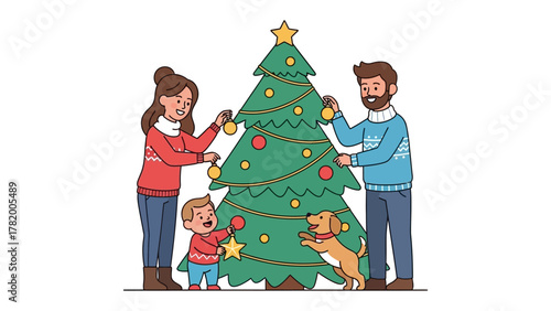 Joyful Gathering: A family embraces the festive spirit, adorning the Christmas tree with ornaments, surrounded by the warmth of togetherness, captured through joyful moments.