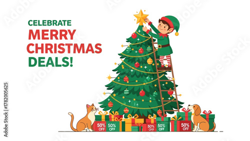 Festive Cheer and Holiday Sales: An adorable elf puts a star on top a christmas tree, a charming scene of holiday cheer.
