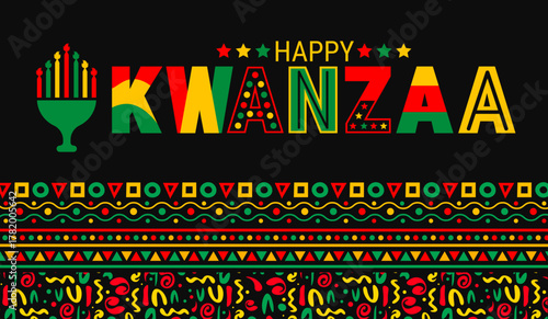 Celebrate Kwanzaa with vibrant red, green, and yellow colors! A festive design featuring the kinara candles and bold Happy Kwanzaa text to honor African culture, unity, and heritage during the holiday