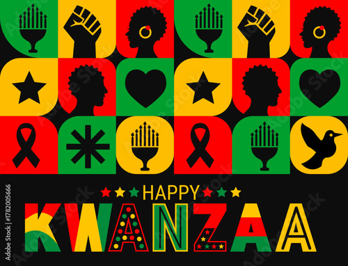 Celebrate Kwanzaa Geometric shape pattern background with vibrant red, green, and yellow colors! A festive design featuring the kinara candles and bold Happy Kwanzaa text to honor African culture