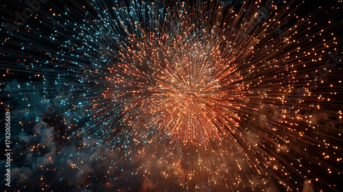 vibrant pyrotechnic burst, abstract colorful fireworks, dazzling light trails, hypnotic explosion shapes, high-resolution digital artwork.