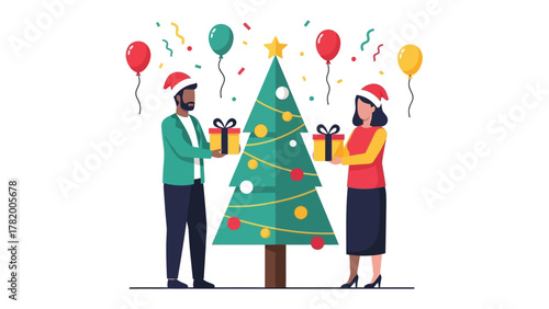 Festive Gift Exchange: A joyous celebration unfolds as a couple exchanges Christmas gifts beneath a beautifully decorated tree, symbolizing the spirit of togetherness and festive cheer.