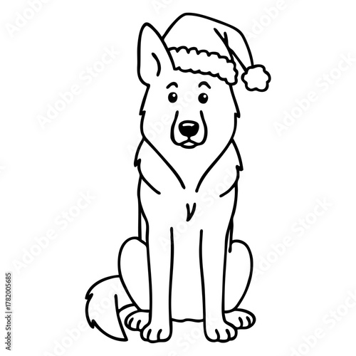 Dibujo sencillo con líneas de perro pastor alemán simpático con sombrero de Santa Claus para tarjetas y felicitaciones de Navidad