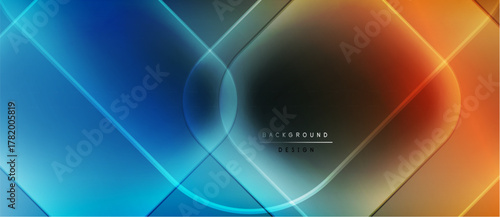 Abstract background features flowing blue, orange gradients. Geometric lines, circles create dynamic visual effect. Minimal text present.