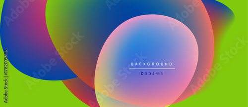 Vibrant abstract shapes overlap, creating colorful gradients. Lime green background complements blue, purple hues. Text reads background design.