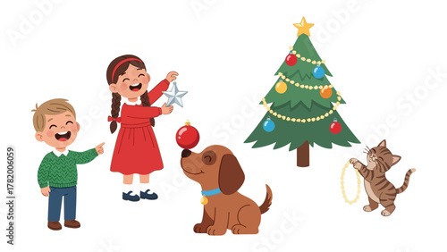 Festive Merriment: Children and pets collaborate to decorate a Christmas tree, creating a scene of holiday spirit, joy, and togetherness. 