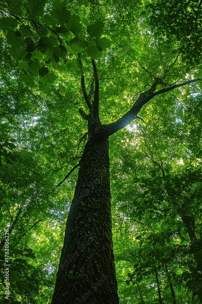 Fototapeta premium Upward view of a tall tree with dense green foliage illuminated by sunlight in a lush forest